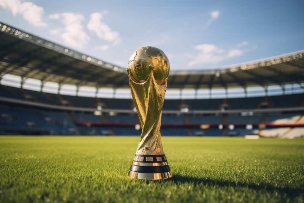 Taça da Copa do Mundo em estádio de futebol representando o crescimento do turismo esportivo global